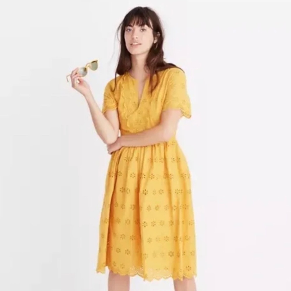 Madewell Scallop Eyelet Yellow Mustard Midi Cotton Dress
